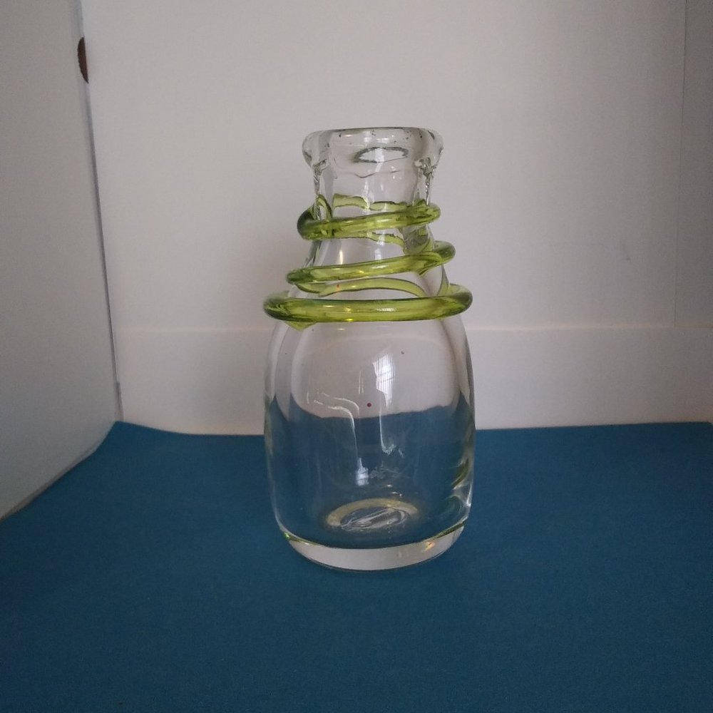 Hand Blown Clear Glass Vase with applied green coil